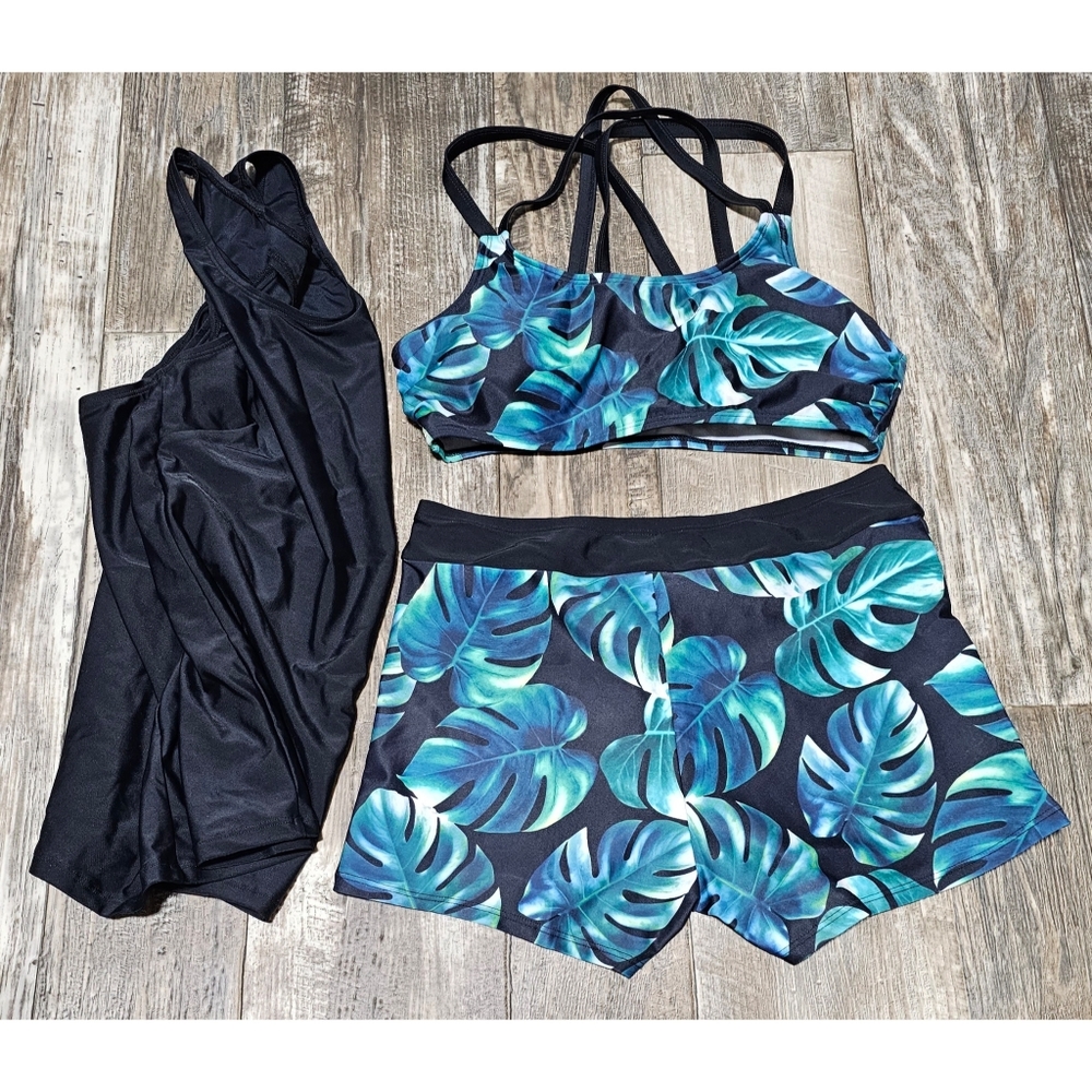 NWT 3pc Women's Yonique Tropical Leaf Swimsuit Set
